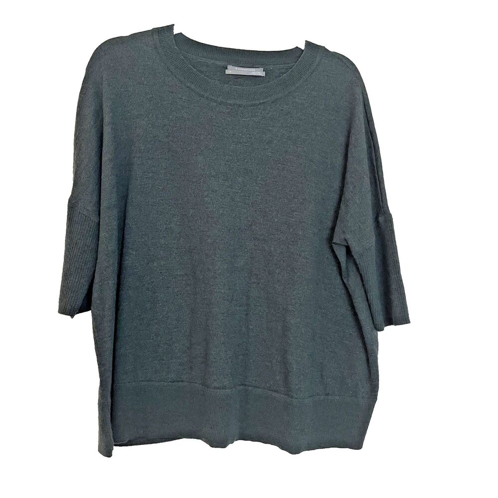Anthropologie SZ M 100% Merino Wool Dark Teal Green Sweater 3/4 Sleeve Oversized